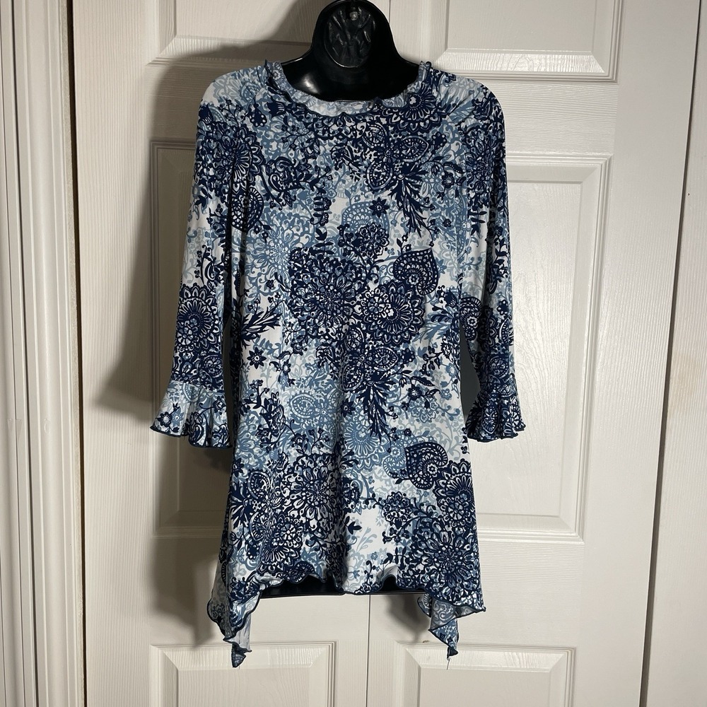 Vintage Y2K Fashion Bug Babydoll Shirt Women 14/16 White Blue Floral Asymmetric - Picture 3 of 9